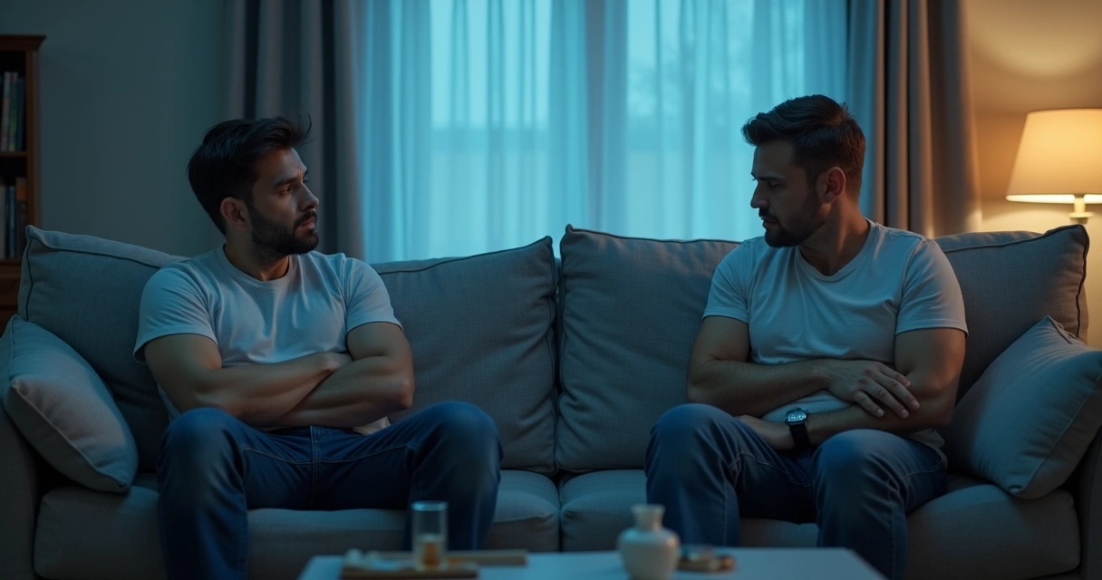 Duas pessoas sentadas em lados opostos do sofá em clima de tensão 