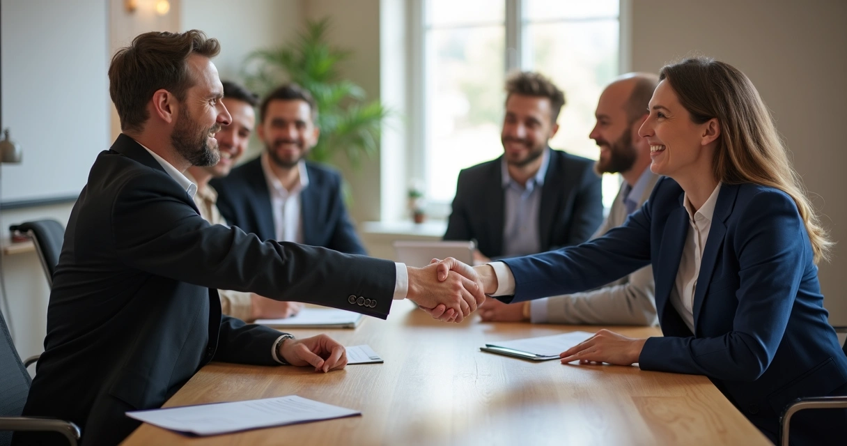 Dois colegas de trabalho apertando as mãos em sinal de confiança em uma sala de reunião 