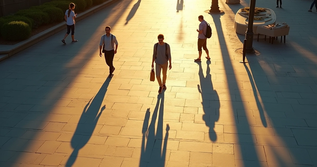 Pessoa caminhando em calçada com sombras utilitárias projetadas atrás 