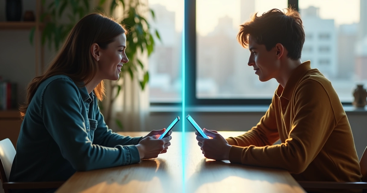 Casal segurando celulares com fronteiras luminosas entre eles simbolizando limites saudáveis 