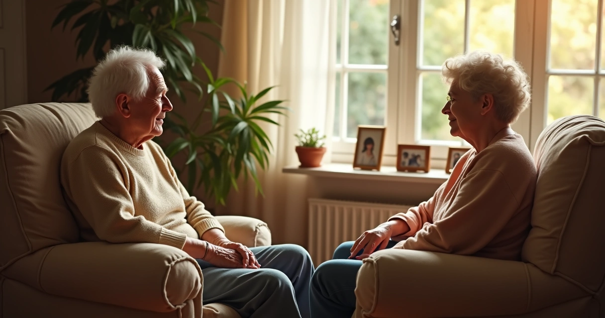 Adulto mayor y persona más joven compartiendo una conversación en casa 