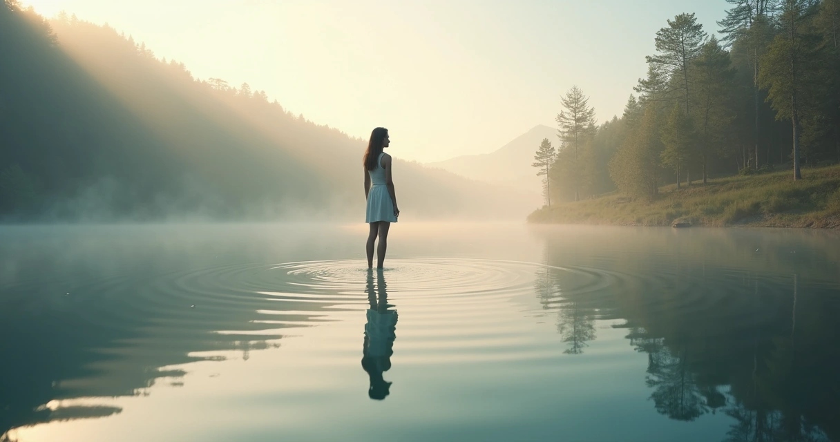 Persona contemplando su reflejo en agua tranquila 