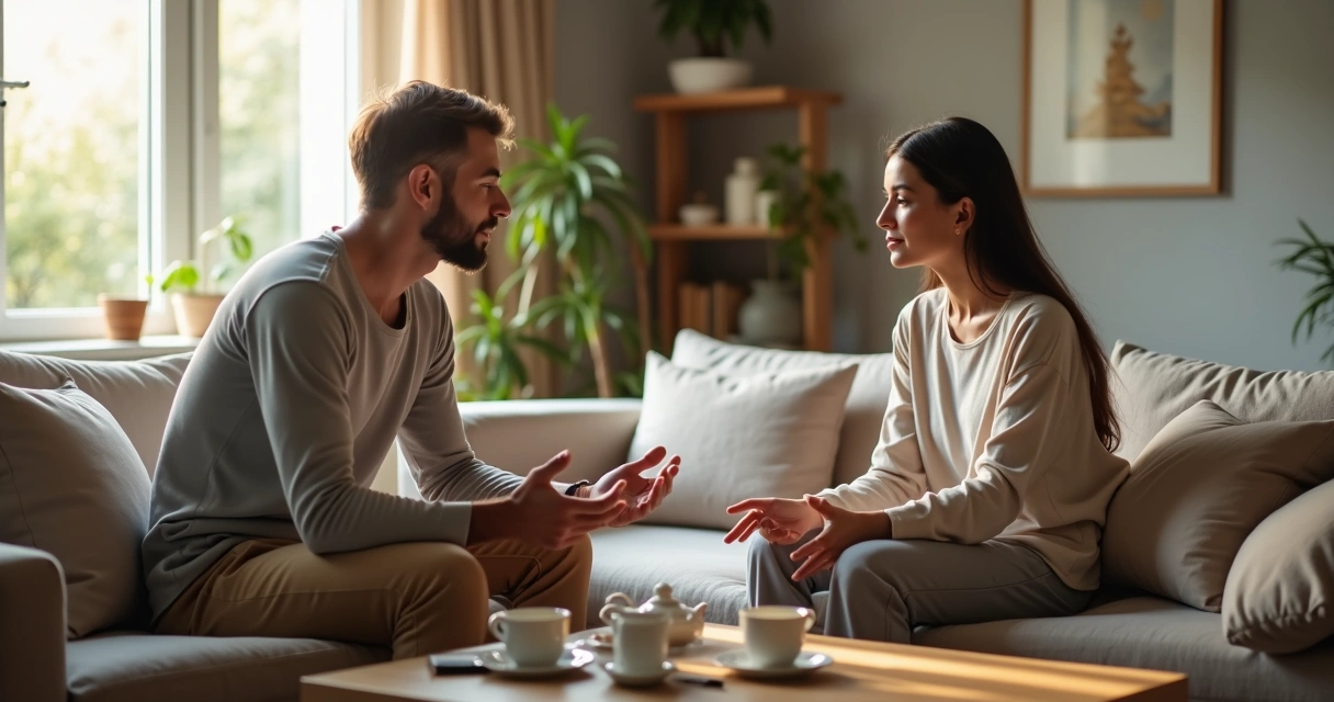 Pareja sentada conversando con calma en un sofá iluminado por luz natural 