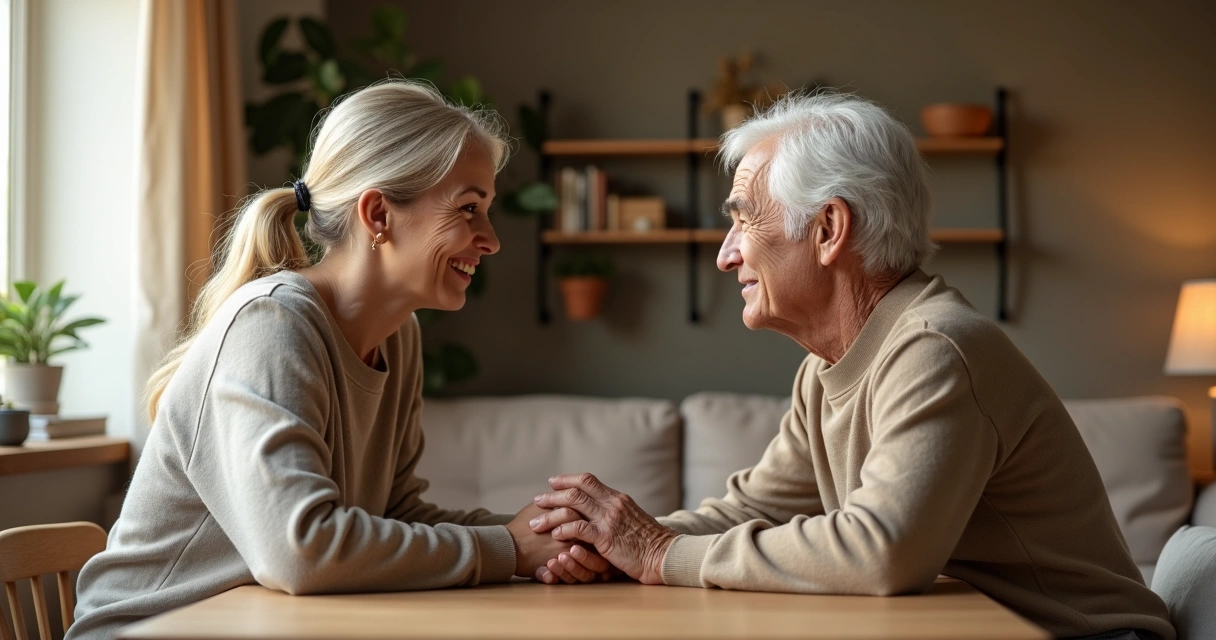 Mujer adulta joven tomando las manos de un adulto mayor en una conversación cercana 