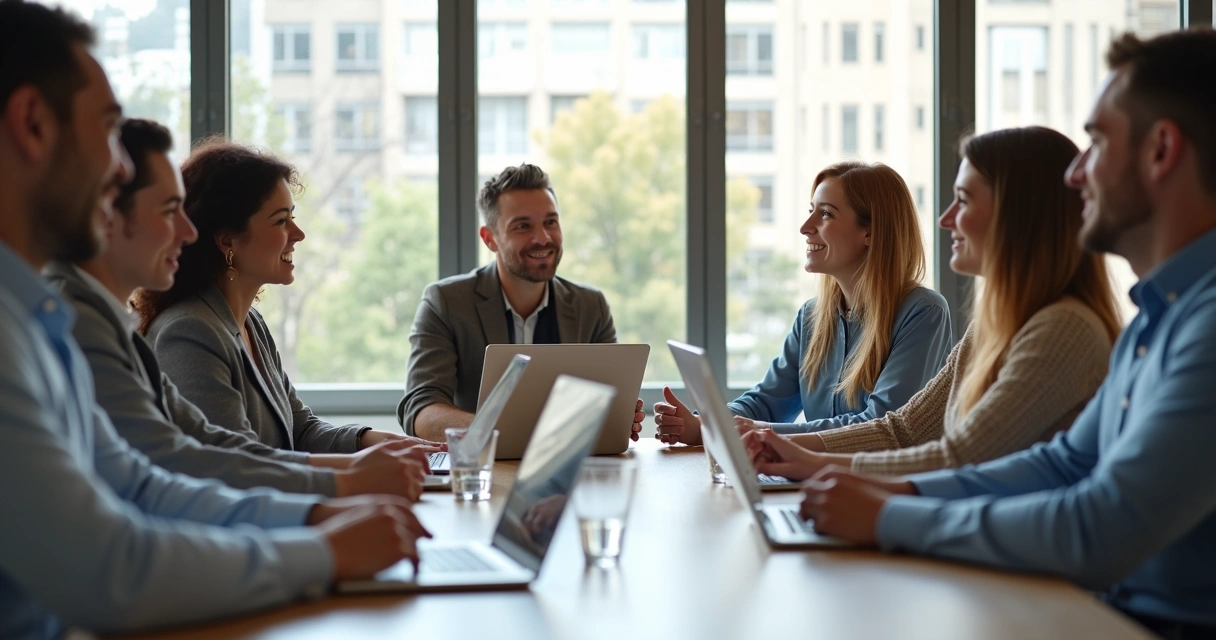 Grupo de personas conversando en un entorno de oficina, tono relajado 