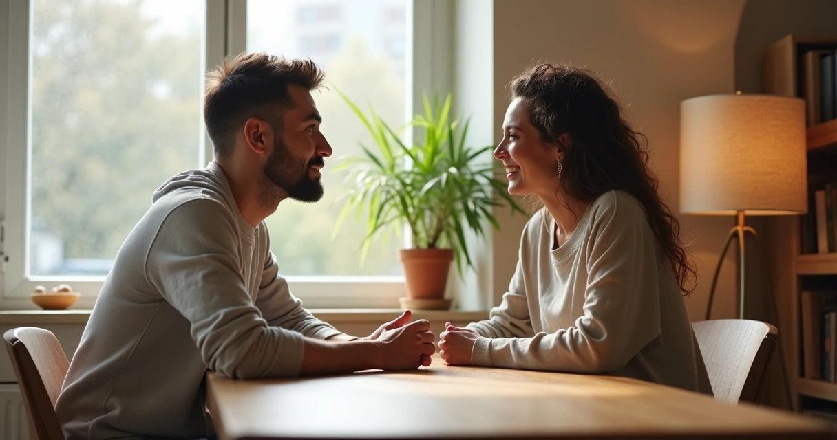 Pareja sentada frente a frente conversando con atención y calma 