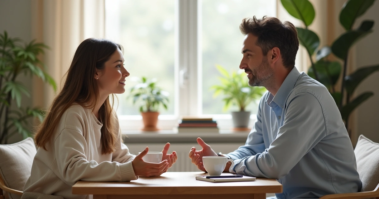 Pareja sentada frente a frente conversando con calma y presencia consciente 