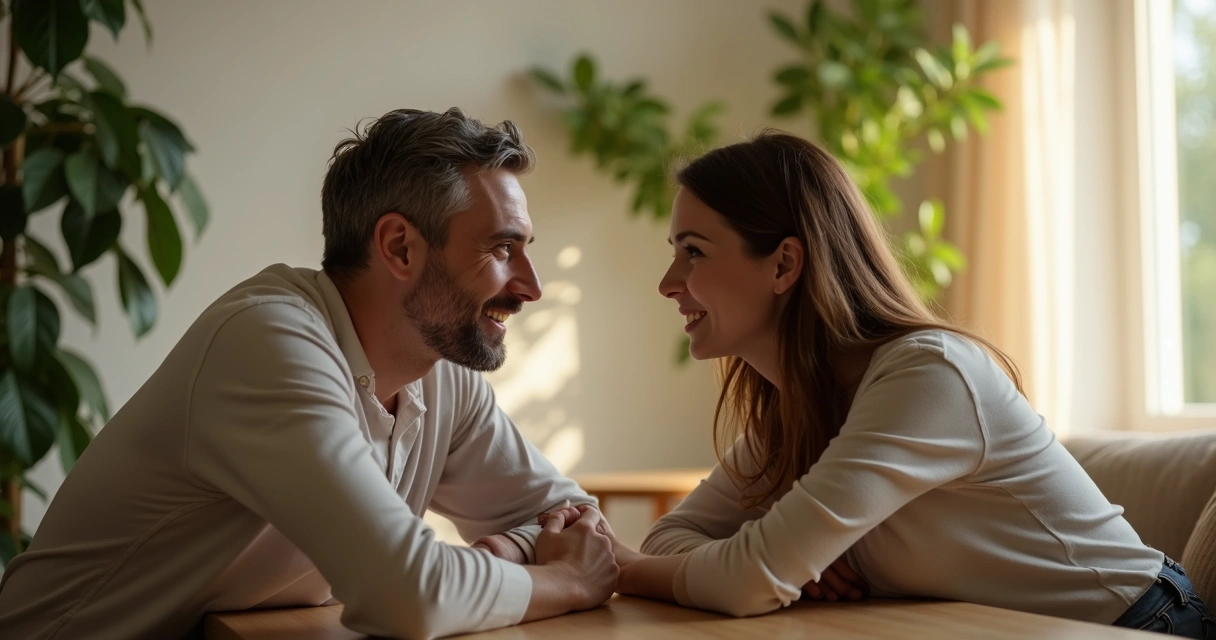 Pareja sentada frente a frente mirándose a los ojos en una habitación tranquila.