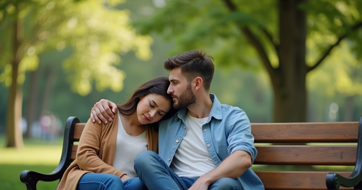Pareja sentada en un banco, uno apoya la cabeza triste en el hombro del otro