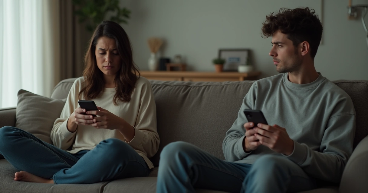 Dos personas sentadas en un sofá, una persona muestra incomodidad, la otra parece indiferente