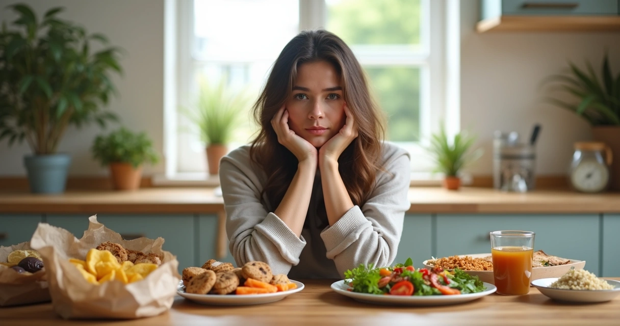 Mujer sentada a la mesa con comida variada, dudando entre un atracón y una alimentación equilibrada 