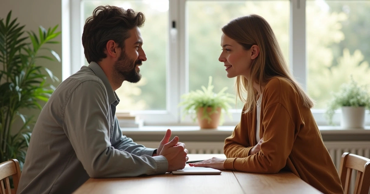 Dos personas conversando con atención plena en un entorno tranquilo 
