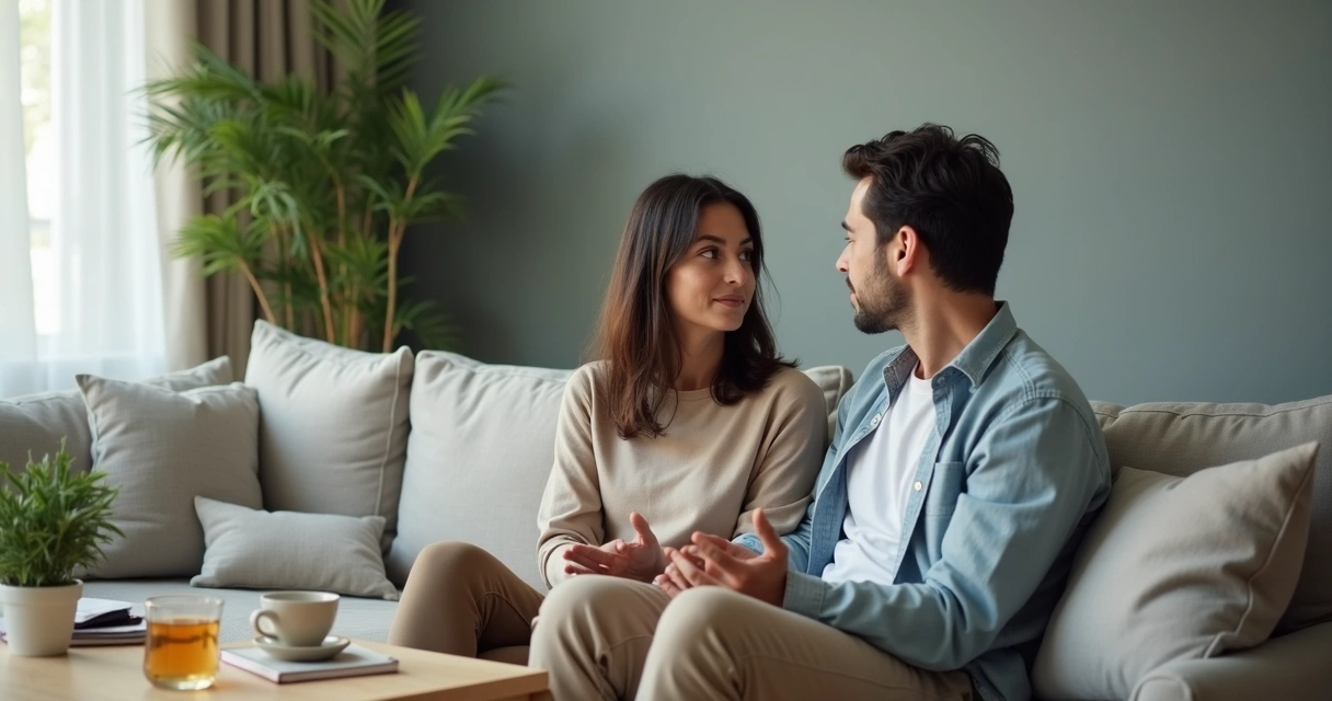 Pareja conversando con calma en un sofá mientras se miran a los ojos 