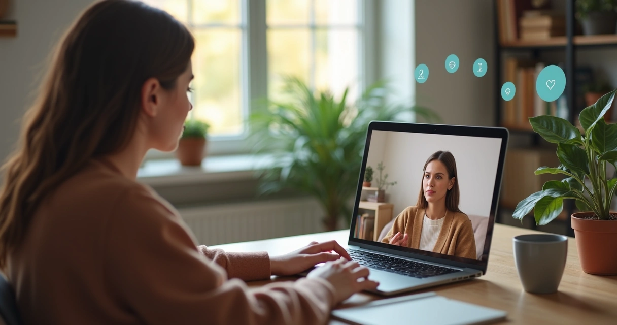 Dos personas conversando con calma a través de una videollamada en un entorno digital sereno 