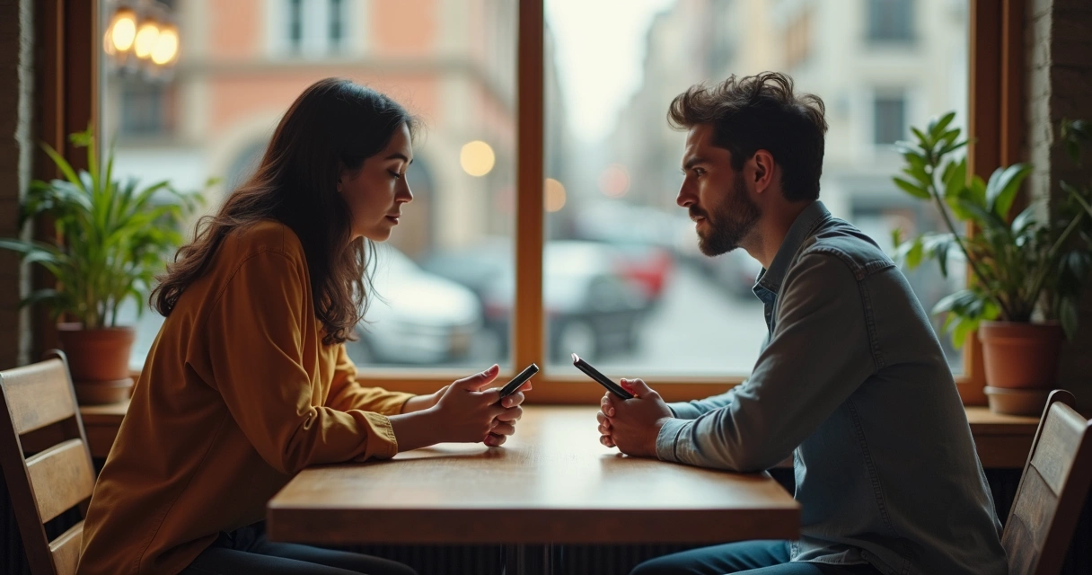 Pareja sentada frente a frente mostrando contraste entre relación madura y relación reactiva 