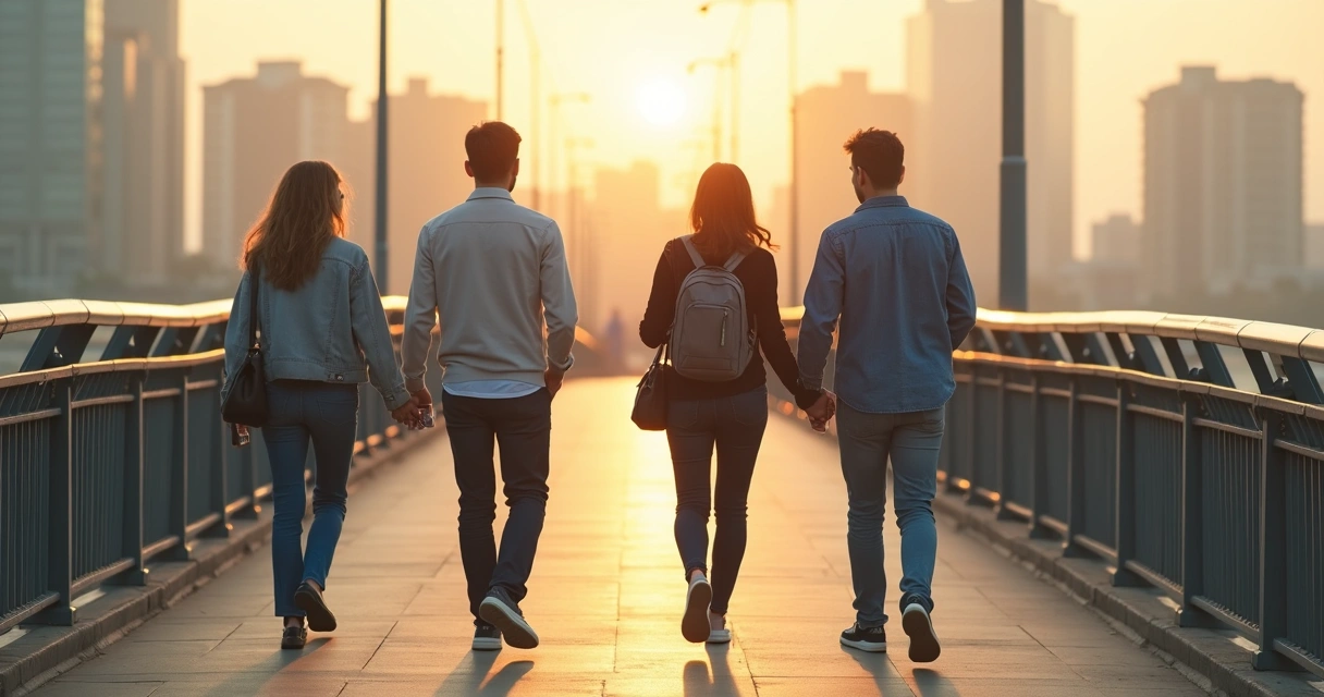 Dos parejas caminando en direcciones opuestas que se cruzan en un puente urbano 