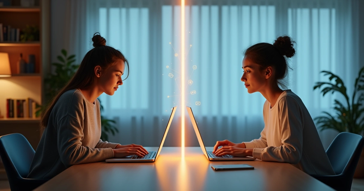 Dos personas frente a pantallas separadas por una línea luminosa que marca límites claros 