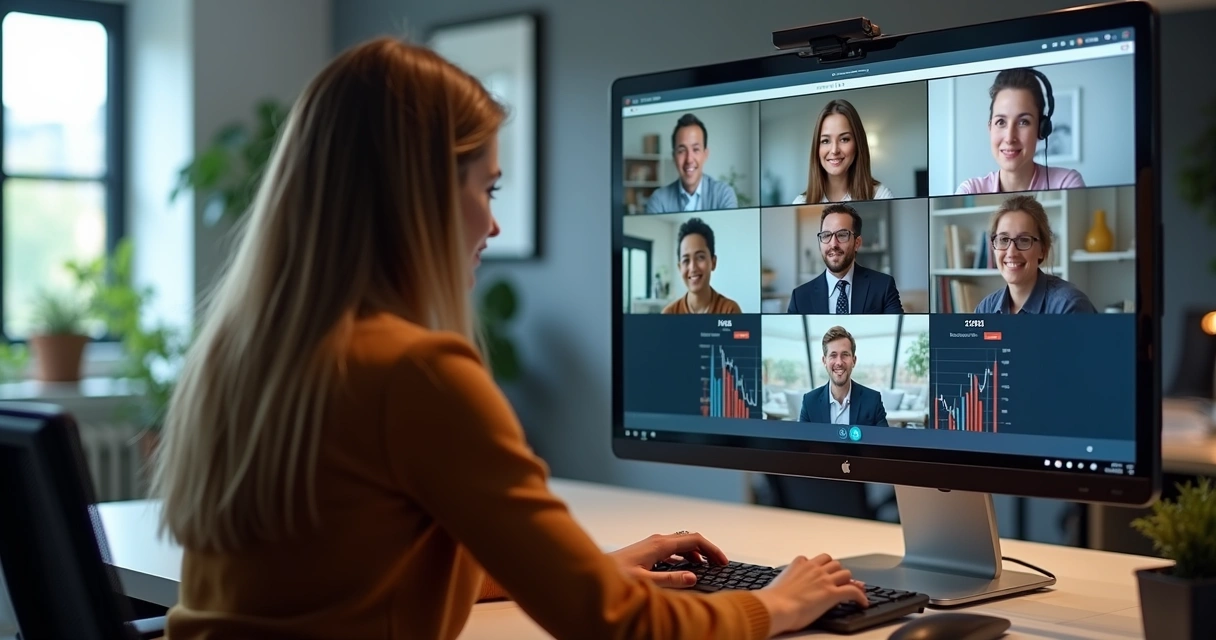 Pessoa usando computador participando de reunião online com representantes de empresas, fundo de escritório moderno e anotações na mesa 