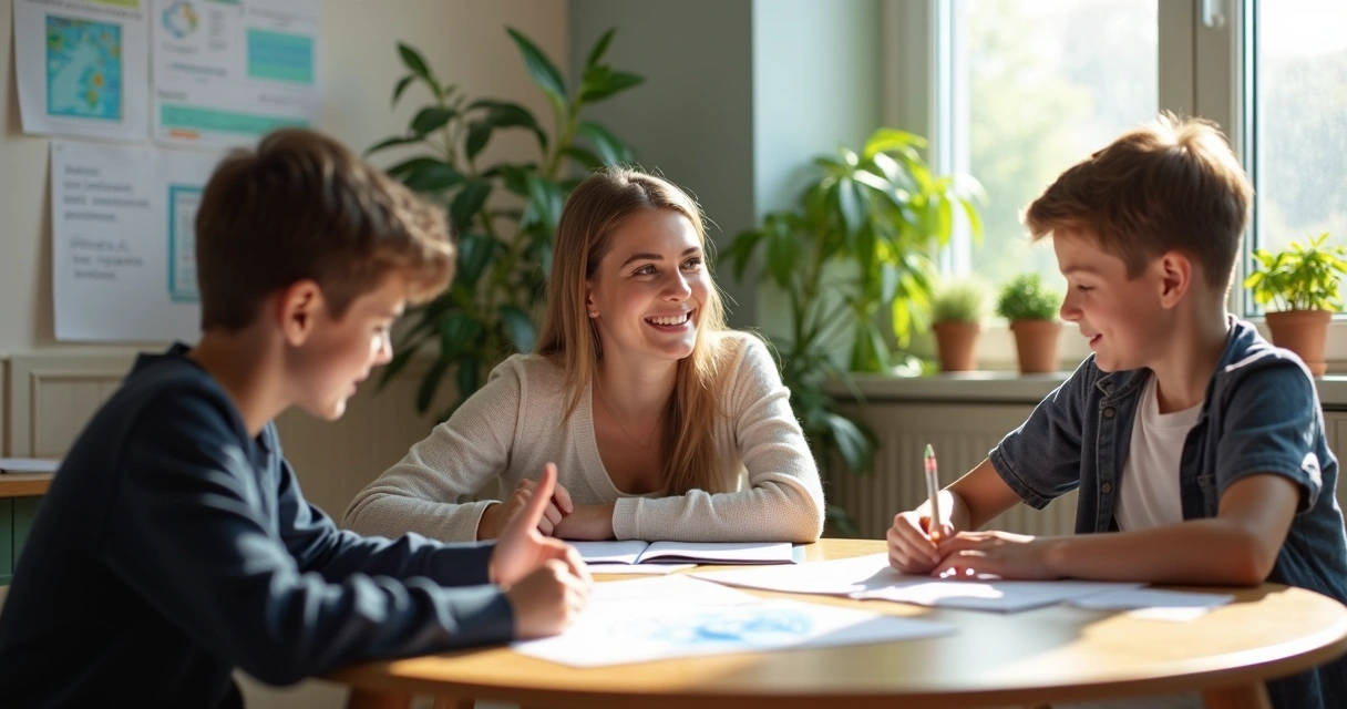 Interação entre professor, aluno e responsável em uma reunião. 