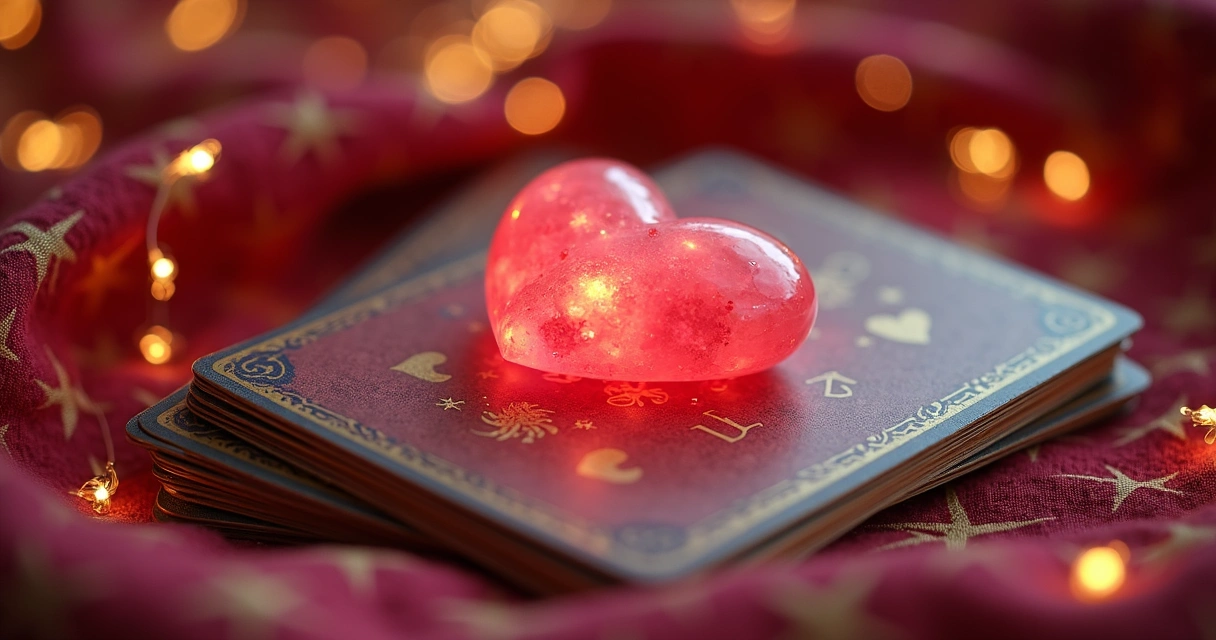 Cartas de oráculo, cristais e coração vermelho ilustrando amor e energia numerológica 
