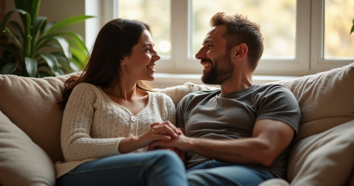 Casal conversando e sorrindo sentados juntos 