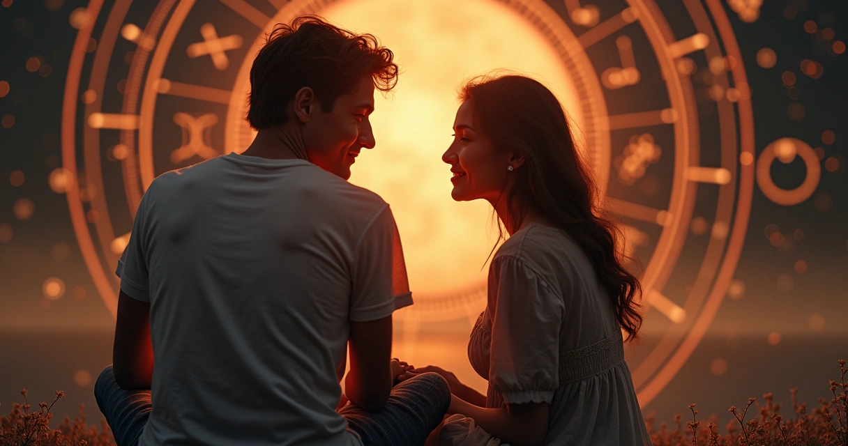 Casal trocando olhares com círculos de signos astrológicos ao fundo 