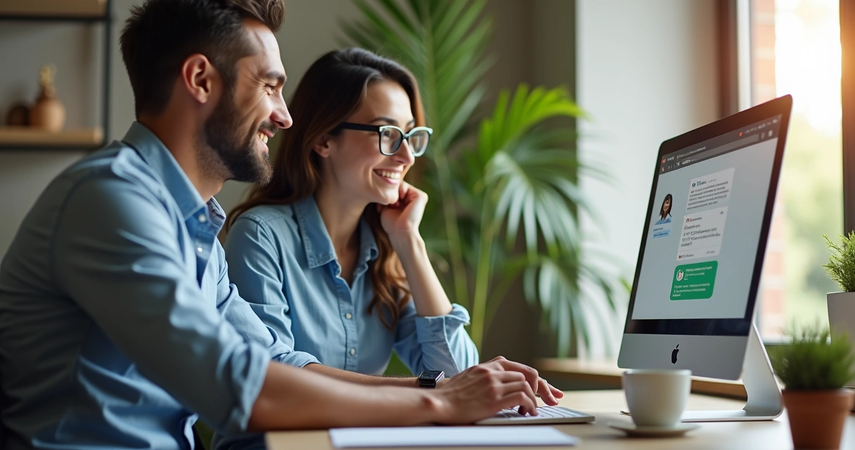 Atendente conversa com cliente no WhatsApp em ambiente de trabalho