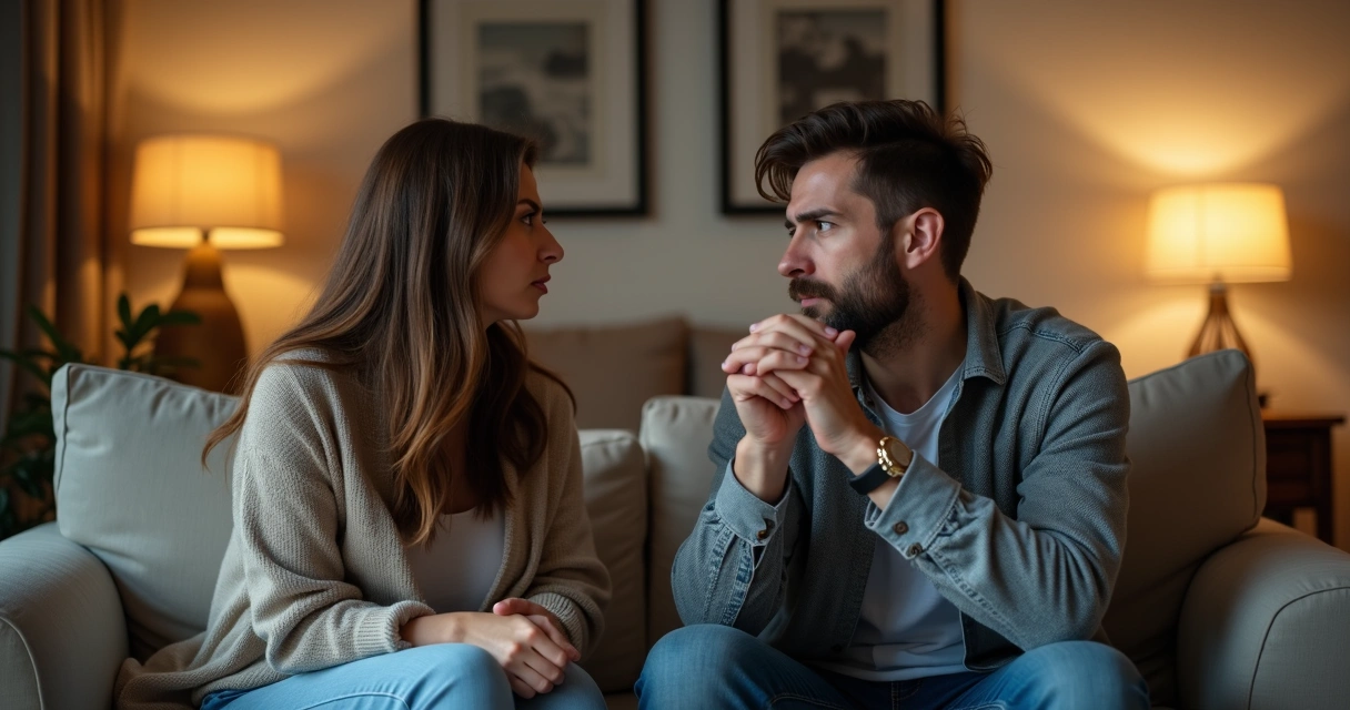 Casal discutindo na sala de estar, expressando emoções fortes, ambiente levemente bagunçado 