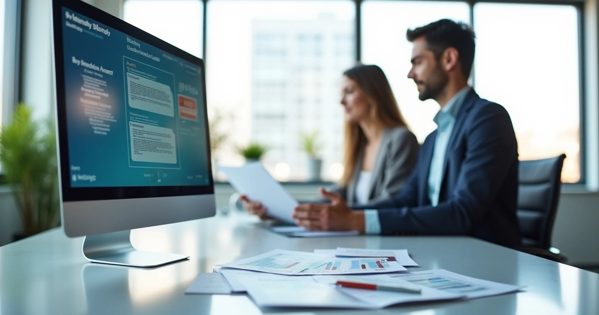 Tela de computador mostrando automação de mensagens para leads imobiliários, com corretores analisando resultados ao fundo.