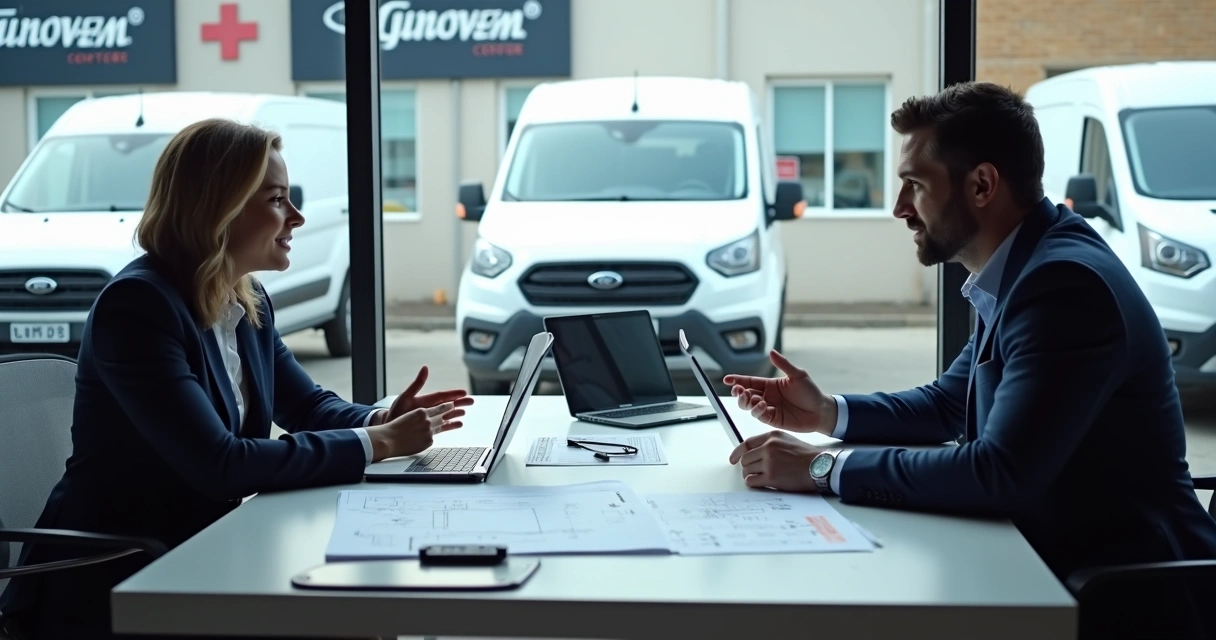 Representante de autocenter discutindo parceria B2B com gestor de frota 