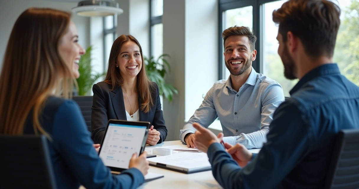 Profissionais B2B conversando e trocando materiais digitais no LinkedIn, cenário de escritório moderno.