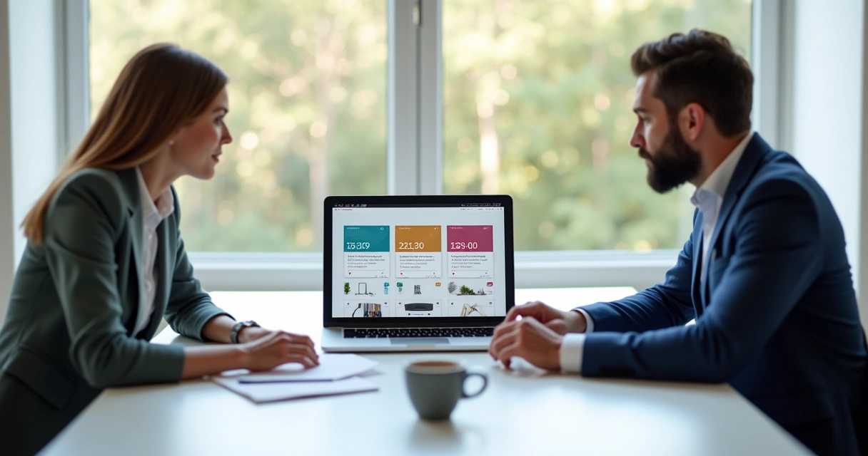 Duas pessoas em reunião online analisando um catálogo digital no computador 