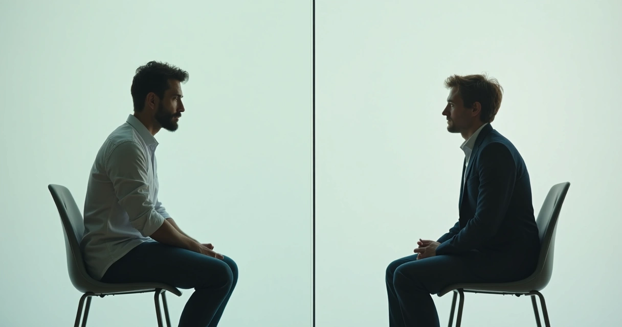 Duas pessoas sentadas separadas por uma parede transparente invisível, olhando uma para a outra em um ambiente neutro