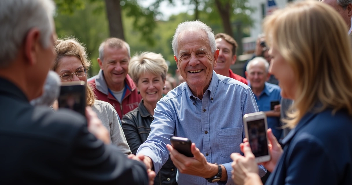 Político cumprimentando eleitores em evento comunitário, pessoas sorrindo com celulares em mãos