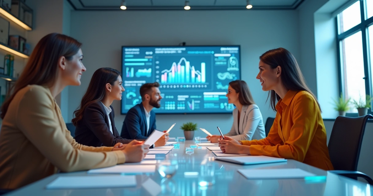 Equipe e parceiros colaborando em uma mesa digital 