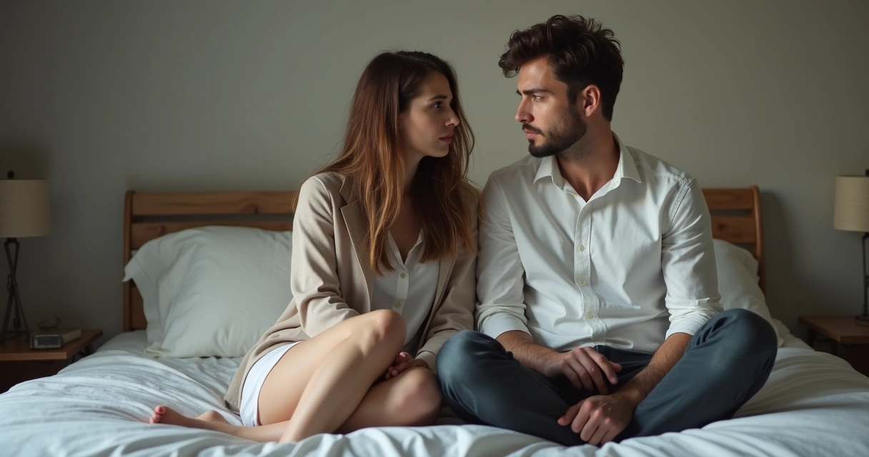 Casal sentado na cama se olhando com expressão preocupada 