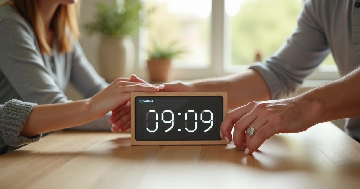 Relógio digital marcando 09:09 ao lado de dois pares de mãos se tocando, sugerindo conexão afetiva ao redor de um café da manhã