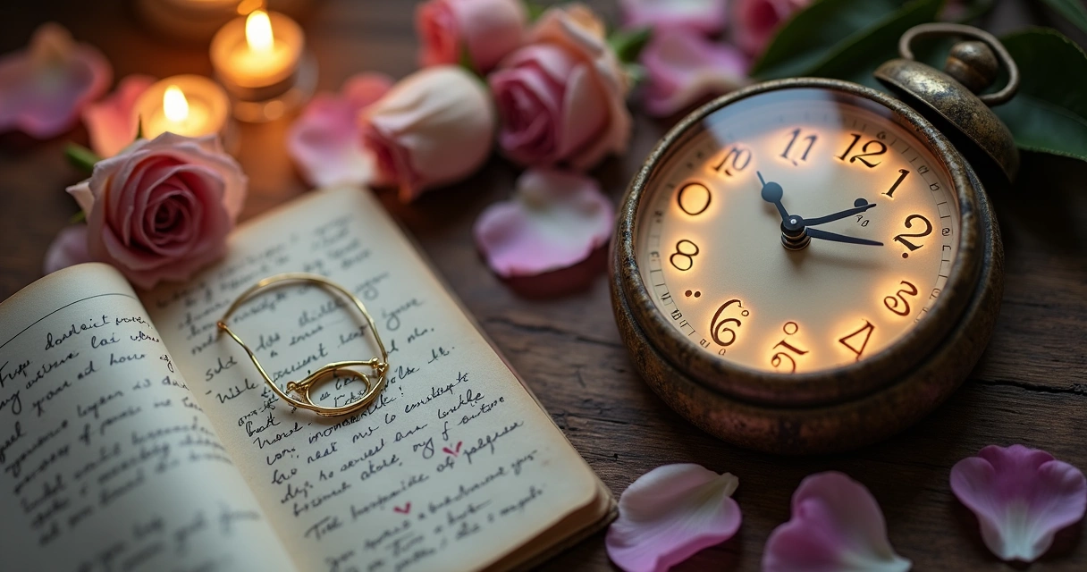 Relógio antigo com horários 09:09 em destaque cercado por flores e símbolos de amor 