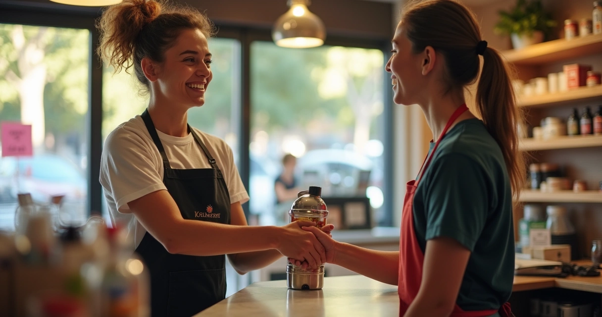 Atendente e cliente em loja trocando sorriso durante atendimento 
