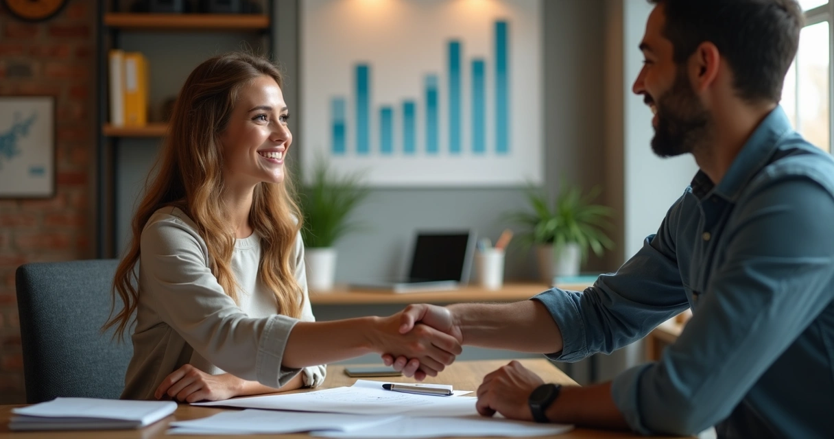 Empresário e cliente sorrindo após acordo de pagamento 