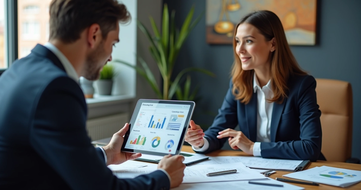 Advogado apresentando relatório digital de compliance para cliente em reunião 