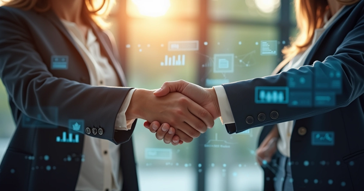 Aperto de mãos entre cliente e empresa com dados e tecnologia ao fundo 