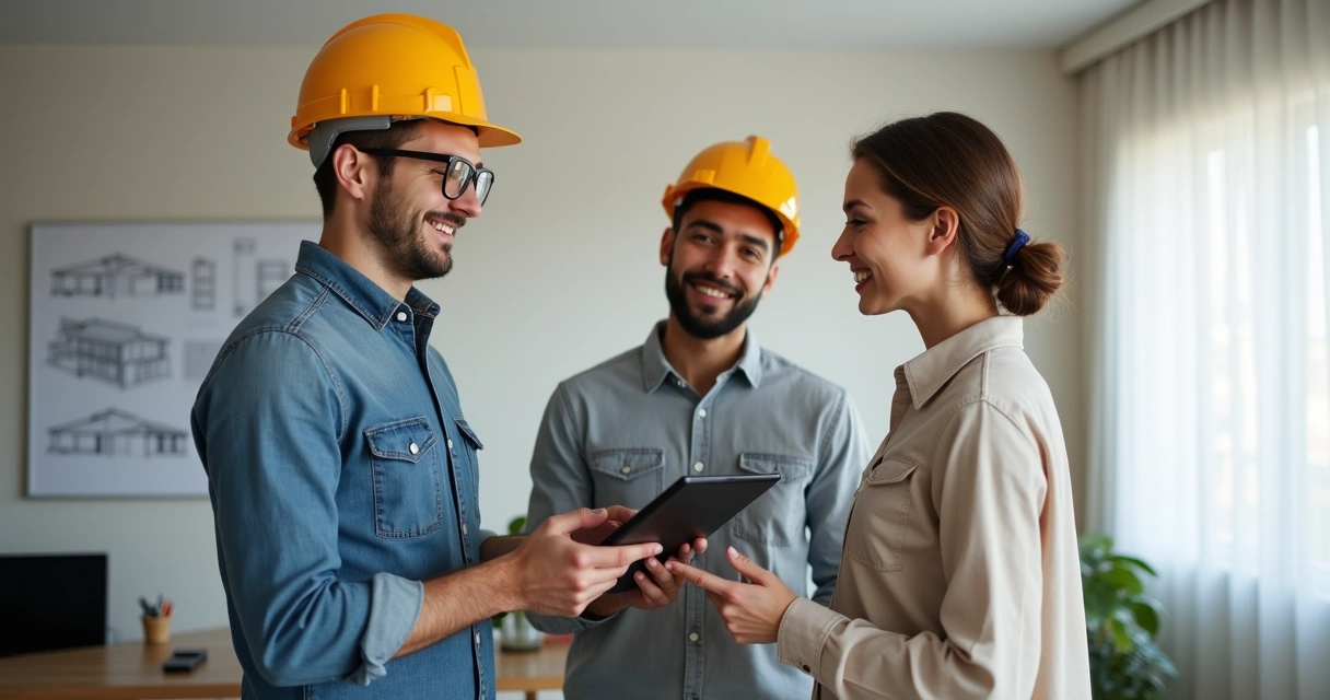 Profissional de construtora atendendo cliente em tablet 