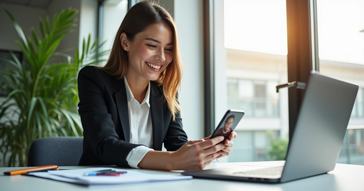 Empresário conversando com cliente sorridente pelo celular no escritório 
