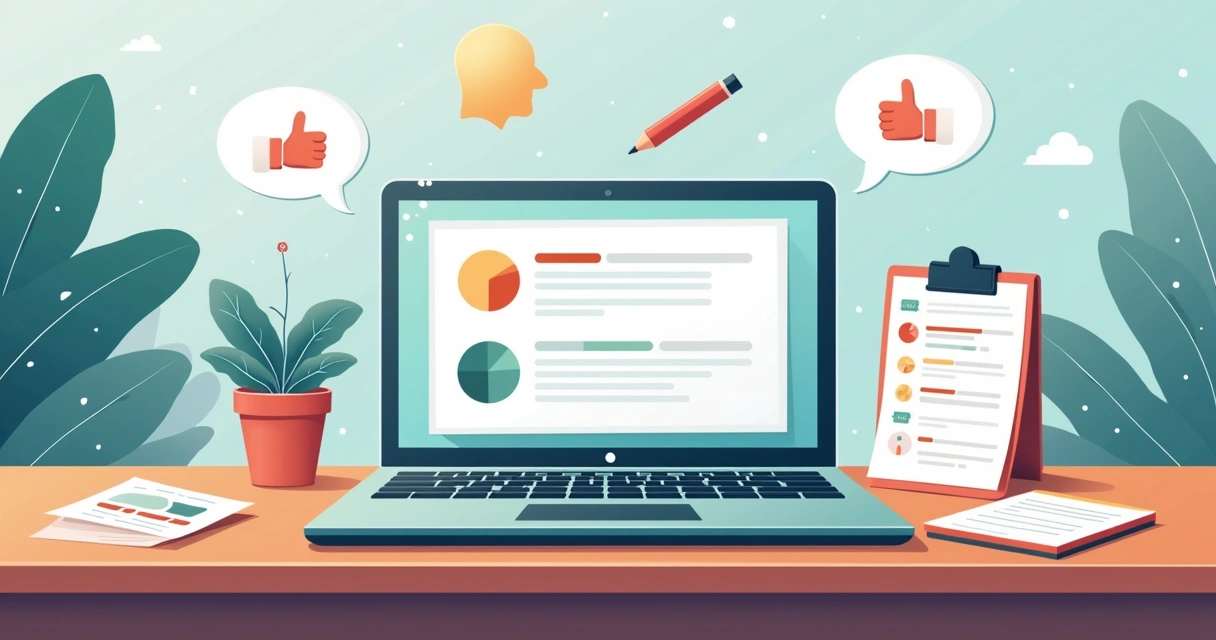 Ilustração de um laptop aberto em uma mesa de madeira, com elementos de feedback e engajamento do cliente ao redor.
