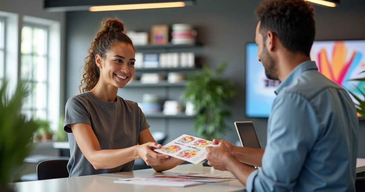 Cliente satisfeito recebendo produto de comunicação visual na empresa 
