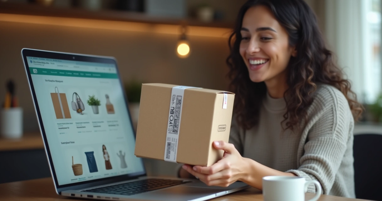 Pessoa sorrindo ao receber pacote diante de laptop 