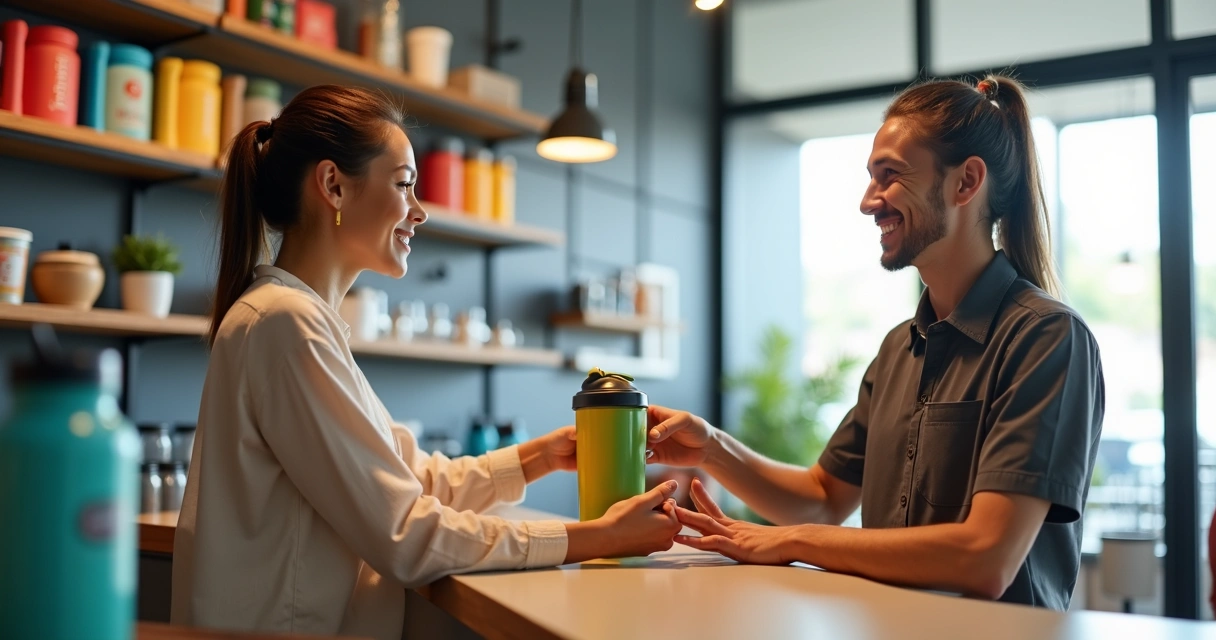 Profissional atendendo cliente em ambiente comercial moderno, sorrindo e entregando produto personalizado 