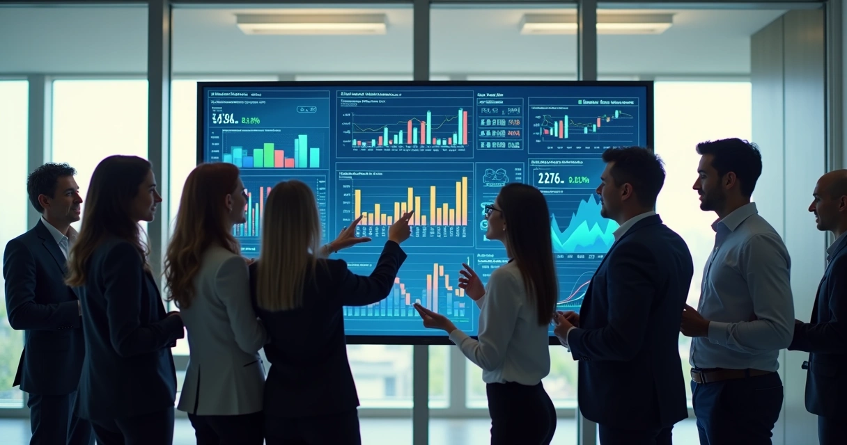 Equipe de empresa analisando dados financeiros em grande tela com gráficos coloridos 