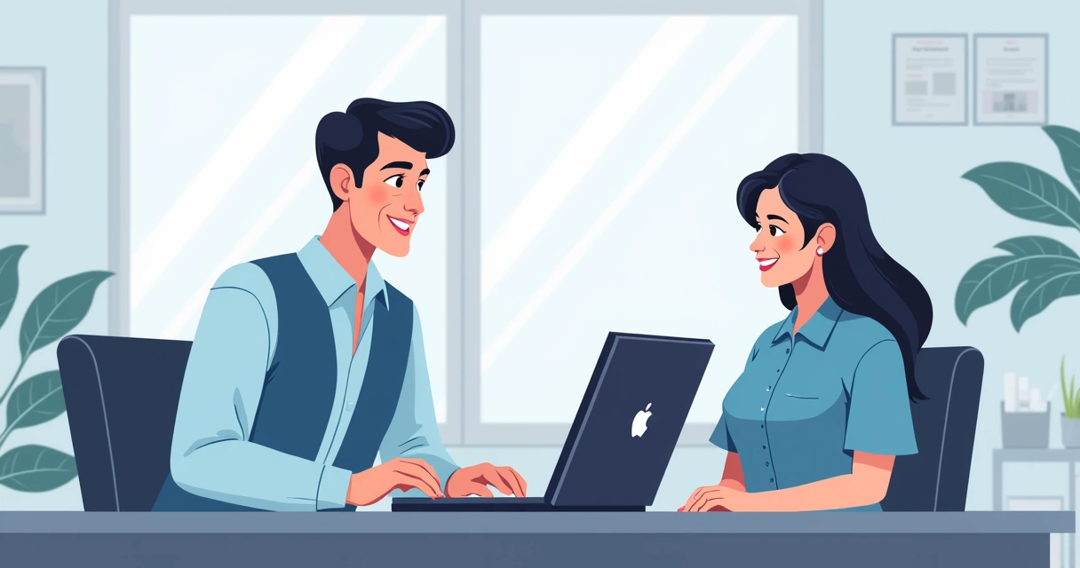 Técnico de informática conversando com cliente, mostrando computador 